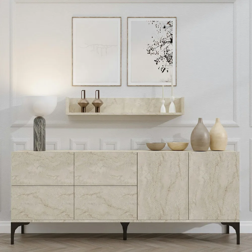 Meubles Tv En Bois|MARFA Meuble TV design effet travertin - 3 portes, niches