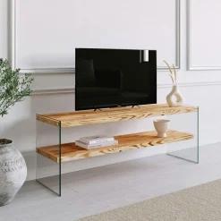 Meubles Tv En Bois|LHASA Meuble TV en bois brun et verre - 2 niveaux