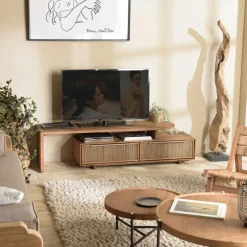 Meubles Tv En Bois|Swing Meuble TV extensible et modulable en teck recyclé 2 tiroirs