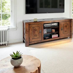 Meubles Tv En Bois|Tessa Meuble TV hévéa 2 portes 140cm