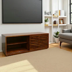 Meubles Tv En Bois|New Orléans Meuble TV Hévéa 2 portes coulissantes Persiennes 120x45x45cm NEW ORLEANS