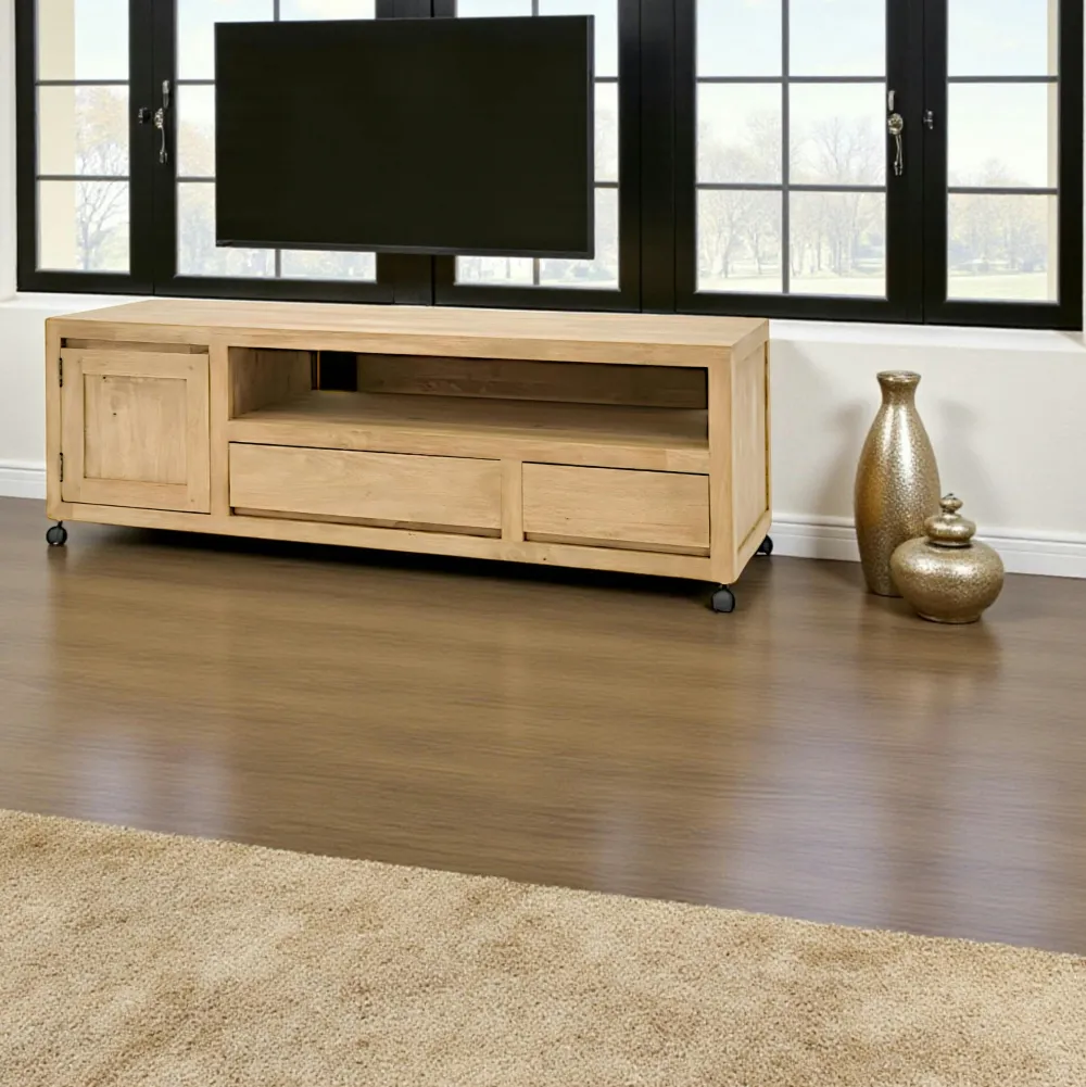 Meubles Tv En Bois|Olga Meuble TV Hévéa à roulettes, 1 porte, 2 tiroirs, 1 grande niche 140x45x47,5