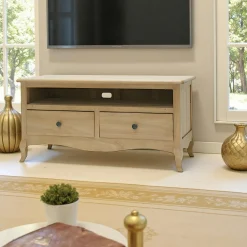 Meubles Tv En Bois|Tradition Meuble TV Hévéa 2 tiroirs, 1 grande niche 100x45x50cm