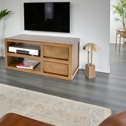 Meubles Tv En Bois|Olga Meuble TV hévéa 2 tiroirs 90cm