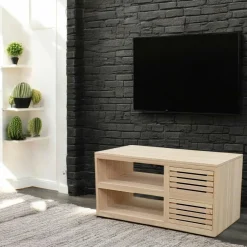 Meubles Tv En Bois|New Orléans Meuble TV Hévéa 2 tiroirs façade Persienne, 2 niches 90x45x45cm NEW ORLEANS