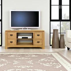 Meubles Tv En Bois|Helena Meuble TV hévéa 4 tiroirs 125x45x58cm