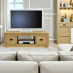 Meubles Tv En Bois|Helena Meuble TV hévéa 2 tiroirs 125x50x40cm