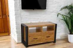 Meubles Tv Industriels|Meubles Tv En Bois|Docker Meuble TV hévéa recyclé naturel et métal noirci 3 tiroirs 2 niches 120X40X55cm