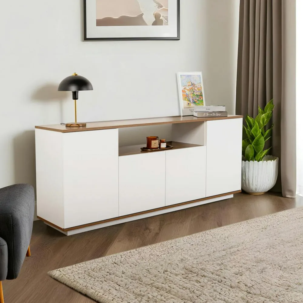 Meubles Tv En Bois|MARFA Meuble TV moderne 3 portes blanc et effet noyer