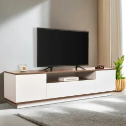 Meubles Tv En Bois|MARFA Meuble TV moderne 3 portes blanc et effet chêne