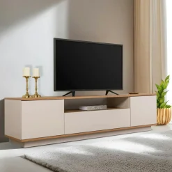 Meubles Tv En Bois|MARFA Meuble TV moderne 3 portes beige crème et effet pin