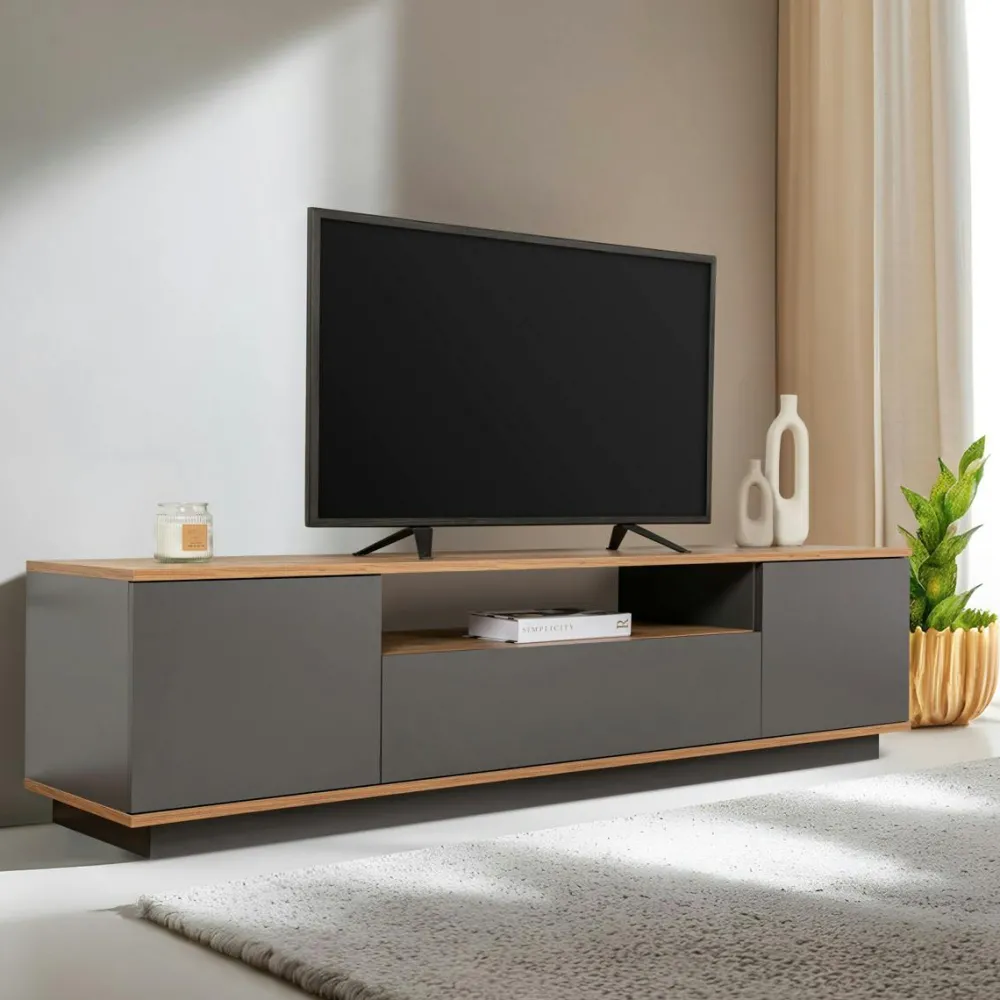 Meubles Tv En Bois|MARFA Meuble TV moderne 3 portes gris foncé et effet pin