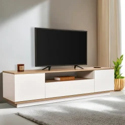 Meubles Tv En Bois|MARFA Meuble TV moderne 3 portes gris foncé et effet pin