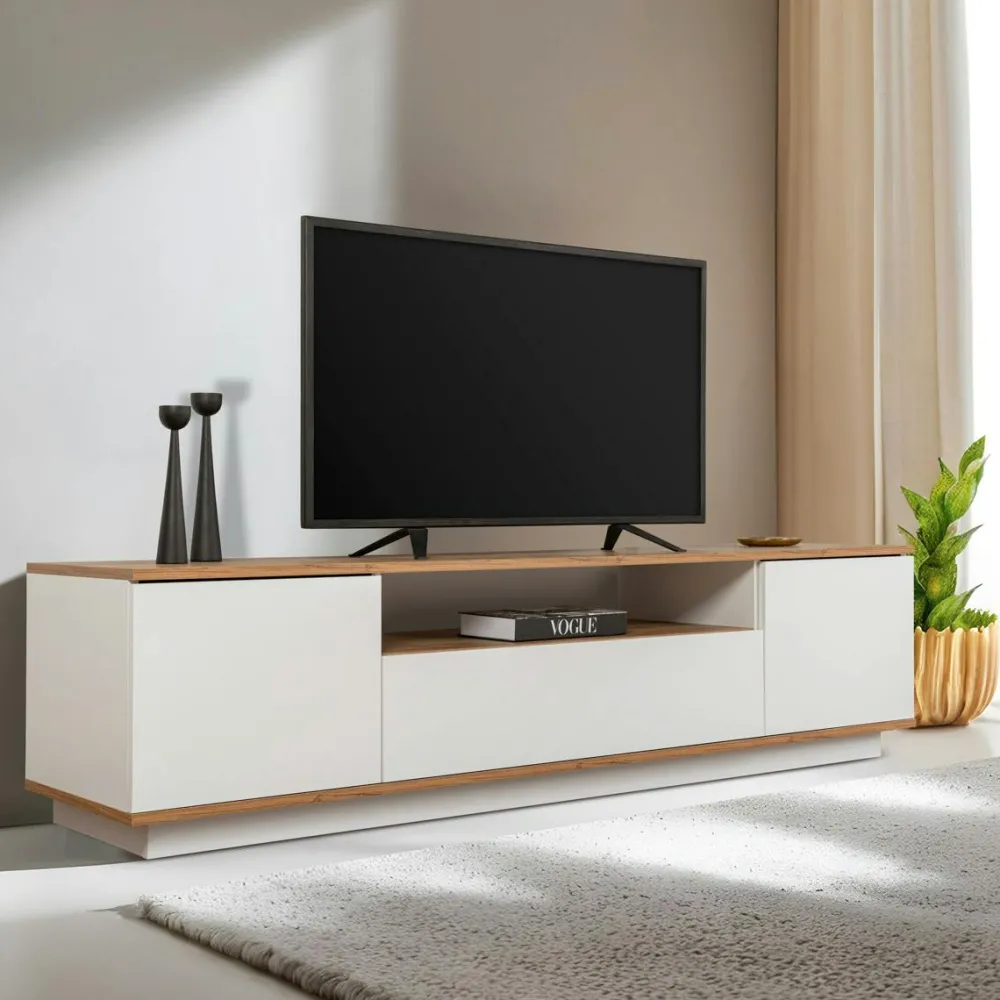 Meubles Tv En Bois|MARFA Meuble TV moderne 3 portes gris foncé et effet pin