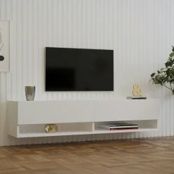 Meubles Tv En Bois|MARFA Meuble TV mural blanc - 2 niches ouvertes et 2 portes