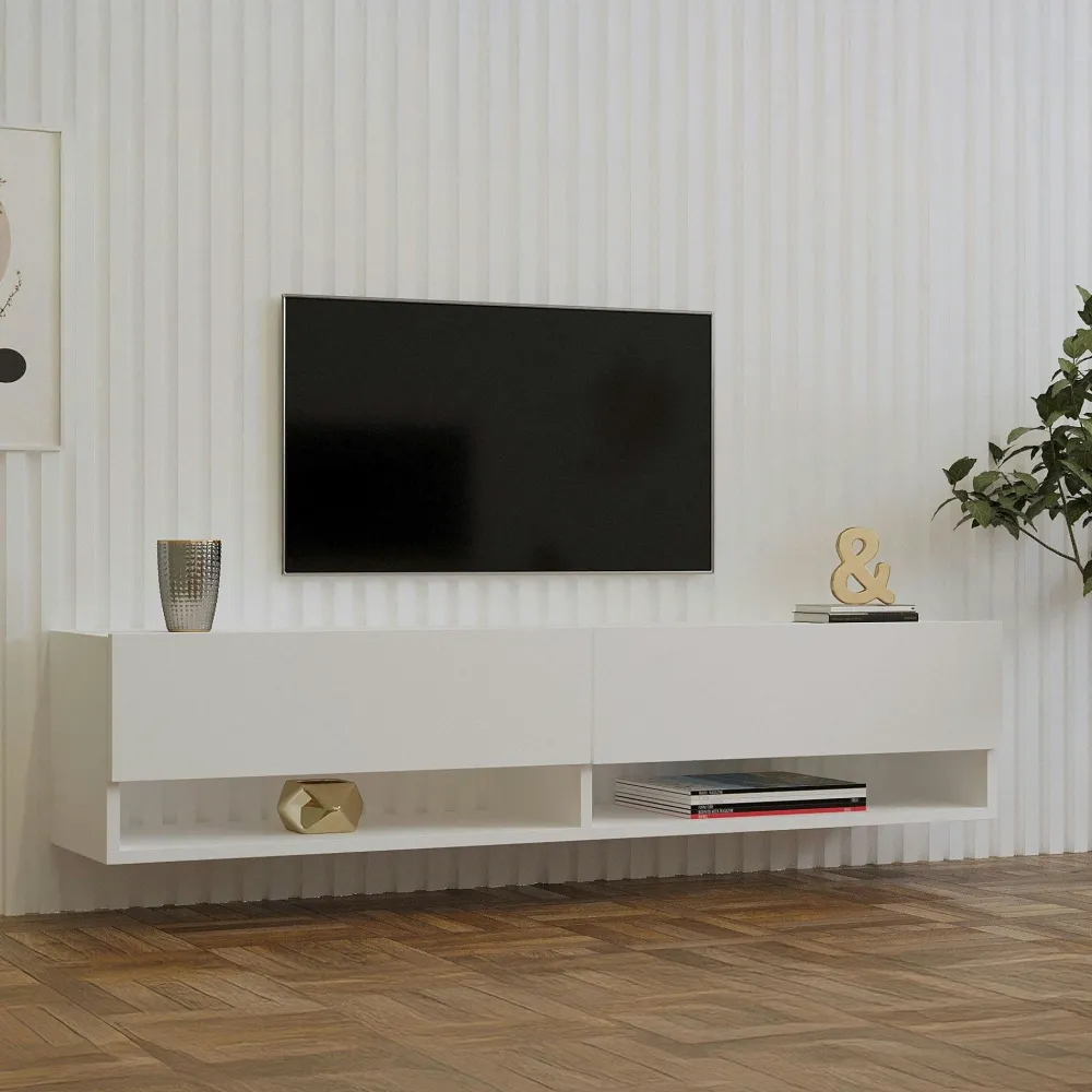 Meubles Tv En Bois|MARFA Meuble TV mural blanc - 2 niches ouvertes et 2 portes