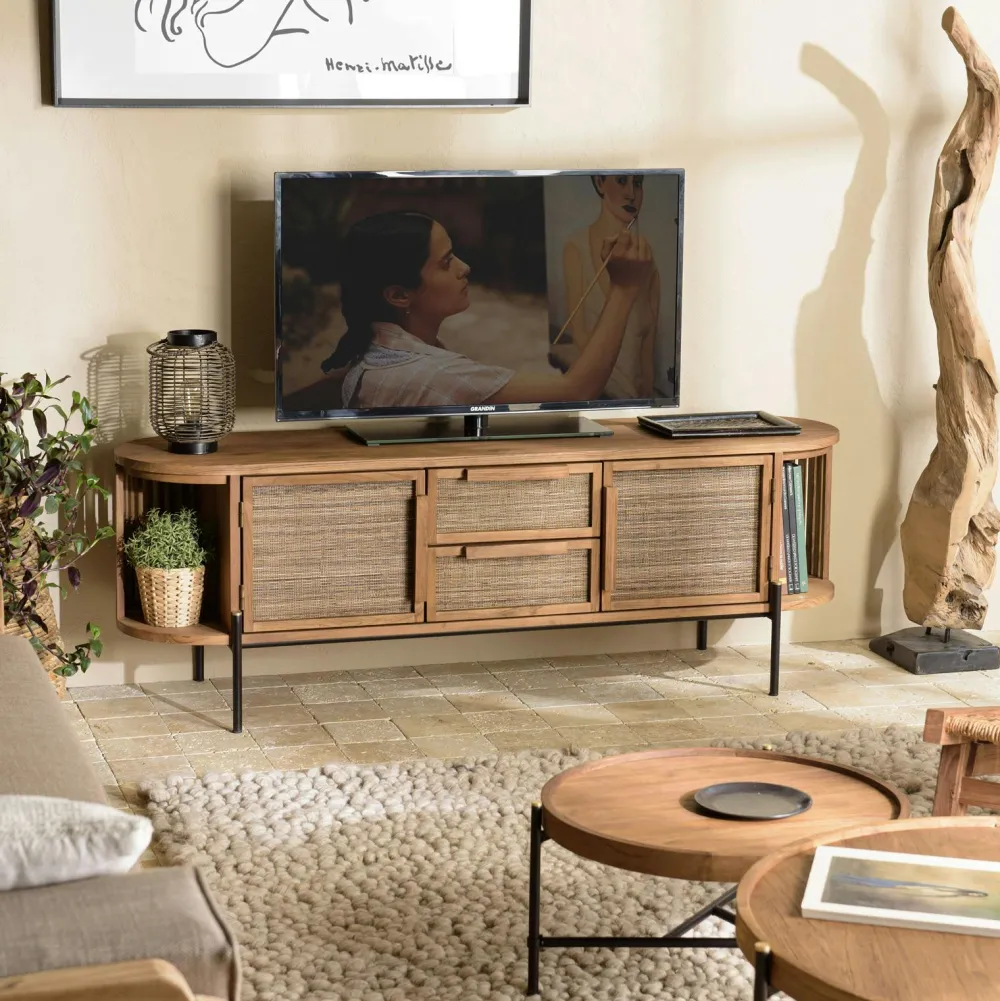 Meubles Tv En Bois|Swing Meuble TV ovale en teck recyclé façade fibre de coco