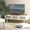 Meubles Tv Scandinaves|Meubles Tv En Bois|CALVIA Meuble TV scandinave bois blanc 3 tiroirs rotin