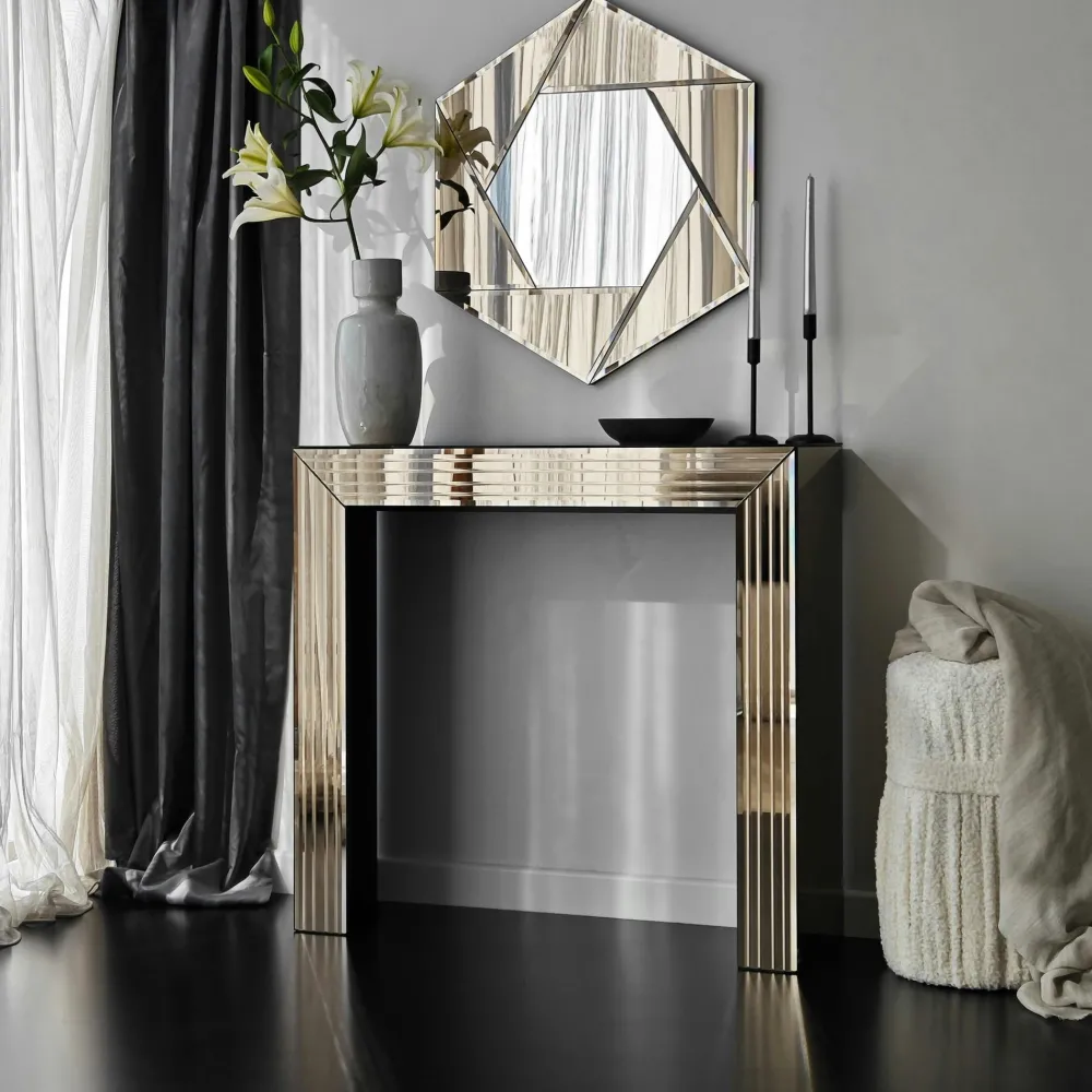 Miroirs|CODY Miroir d'entrée hexagonal à facettes, cadre ambré