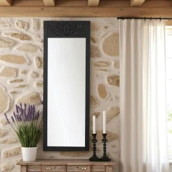 Miroirs|HILO Miroir vertical en bois gris foncé - motif lotus