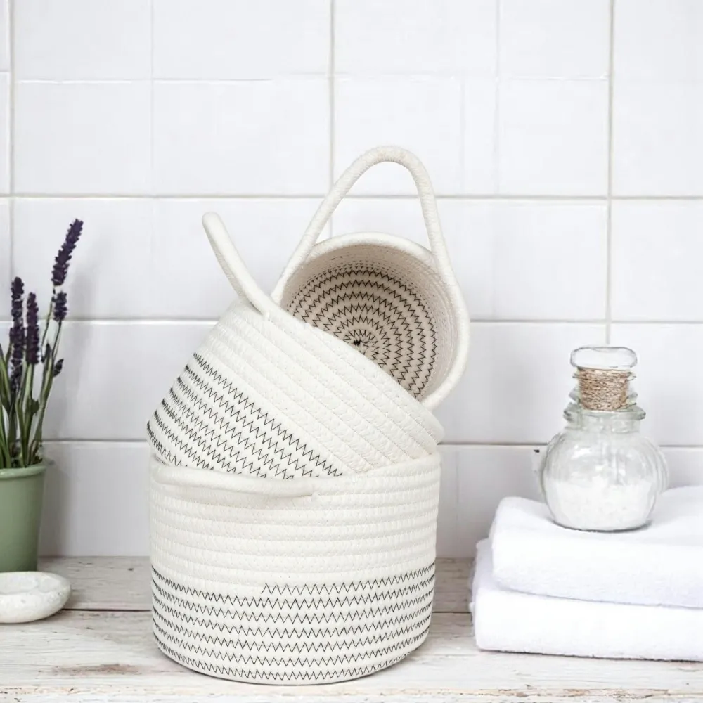 Rangements Déco·Paniers / Boîtes De Rangement| Panier de rangement en coton avec motif zigzag noir (lot de 3)