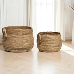 Rangements Déco·Paniers / Boîtes De Rangement|Vannerie Rotin| Panier de rangement rond avec poignées, en feuille de bananier (lot de 2)
