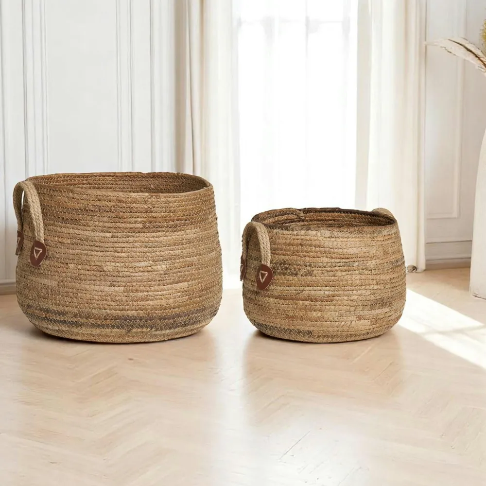 Rangements Déco·Paniers / Boîtes De Rangement|Vannerie Rotin| Panier de rangement rond avec poignées, en feuille de bananier (lot de 2)