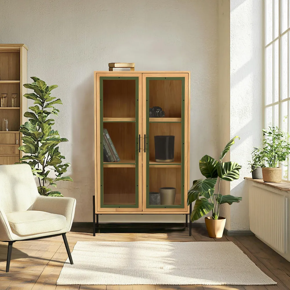 Buffets Contemporains|Buffets Contemporains|BAGAN Petit buffet 1 porte vitrée contour vert