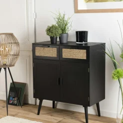Buffets Contemporains|Buffets Contemporains|PALMA 2 Petit buffet bois noir avec cannage