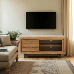 Meubles Tv En Bois|ROSETO Petit meuble tv en bois avec rangement - motif frise