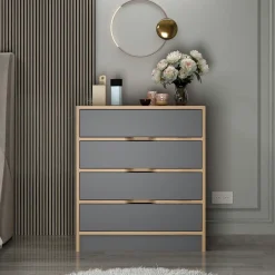 Commodes En Bois|BYRON Petite commode moderne 4 tiroirs effet noyer & gris