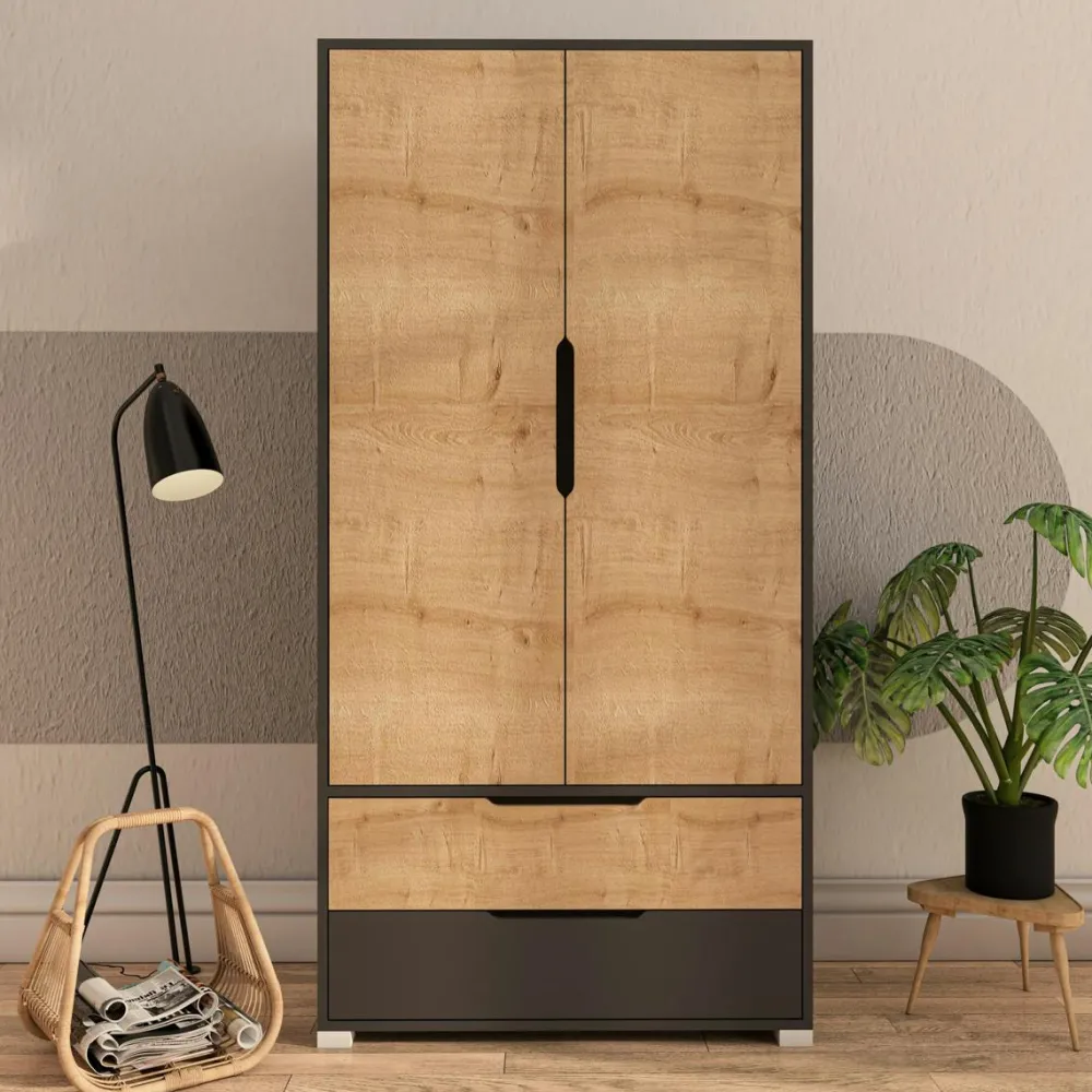 Commodes En Bois|BYRON Petite commode moderne 4 tiroirs effet noyer & gris