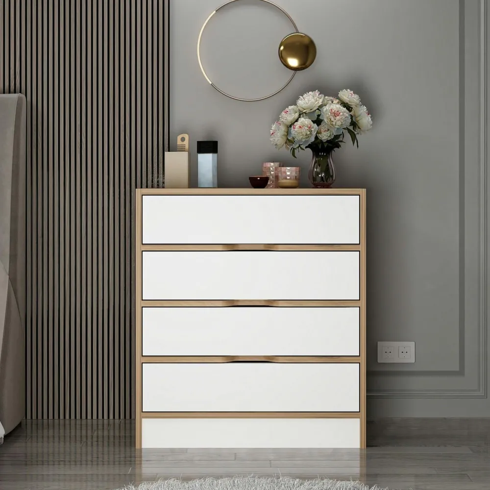 Commodes Blanches|Commodes En Bois|BYRON Petite commode moderne 4 tiroirs effet noyer & blanc