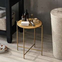 Bouts De Canapé En Métal|Bouts De Canapé En Bois|JENA Petite table en bois ronde - structure métal doré