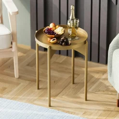 Bouts De Canapé En Métal|SFAX Petite table ronde dorée design & plateau assorti