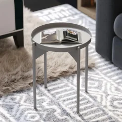 Bouts De Canapé En Métal|SFAX Petite table ronde grise design & plateau assorti