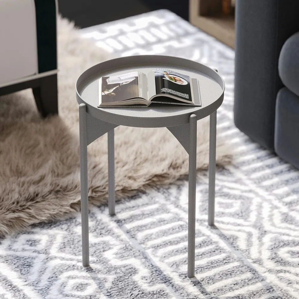 Bouts De Canapé En Métal|SFAX Petite table ronde grise design & plateau assorti