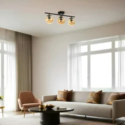 Suspensions / Lustres|SIERRE Plafonnier moderne métal noir 3 globes verre ambré