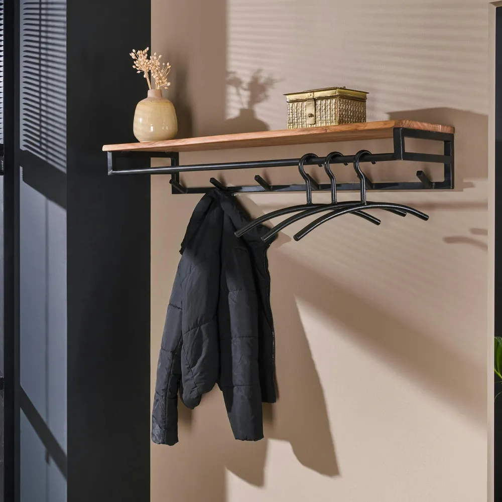 Meubles D'Entrée·Portemanteaux|Portemanteaux Industriels|Melbourne Portemanteau mural en bois d'acacia 6 patères + 1 tringle TRIBECA