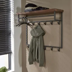Meubles D'Entrée·Portemanteaux|Portemanteaux Industriels|HALIFAX Portemanteau mural en bois de noyer 6 crochets, 1 étagère