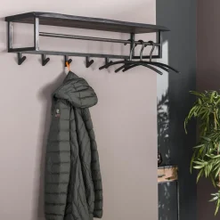 Meubles D'Entrée·Portemanteaux|Meubles De Salon·Etagères Murales|Melbourne Portemanteau mural noir 6 crochets 1 étagère bois