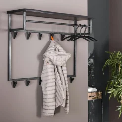 Meubles D'Entrée·Portemanteaux|Meubles De Salon·Etagères Murales|Melbourne Portemanteau mural noir 6 crochets 1 étagère bois