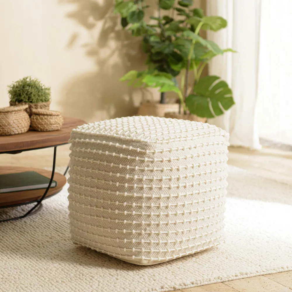 Meubles De Salon·Poufs|TIM Pouf carré laine ivoire effet tricot