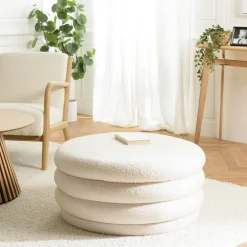 Meubles De Salon·Poufs|COLOMBUS Pouf carré tissu bouclette écru pieds bois