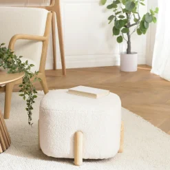 Meubles De Salon·Poufs|COLOMBUS Pouf coffre rond tissu bouclette écru D58 cm