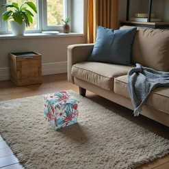 Meubles De Salon·Poufs| Pouf cube tropical motif feuilles et grandes fleurs rouges 35x35x35cm BORNEO