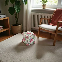 Meubles De Salon·Poufs| Pouf cube tropical motif feuilles et grandes fleurs rouges 35x35x35cm BORNEO
