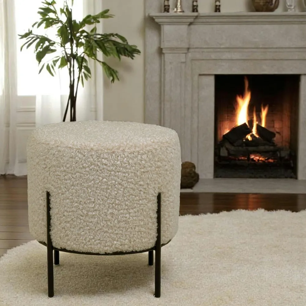 Meubles De Salon·Poufs|BRUGES Pouf rond blanc effet fourrure avec pieds en métal noir