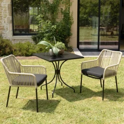 Salons De Jardin·Ensemble Repas|GIJON Salon de jardin 1 table carrée métal noir 70x70 cm - 2 fauteuils cordage couleur naturelle 1 coussin noir