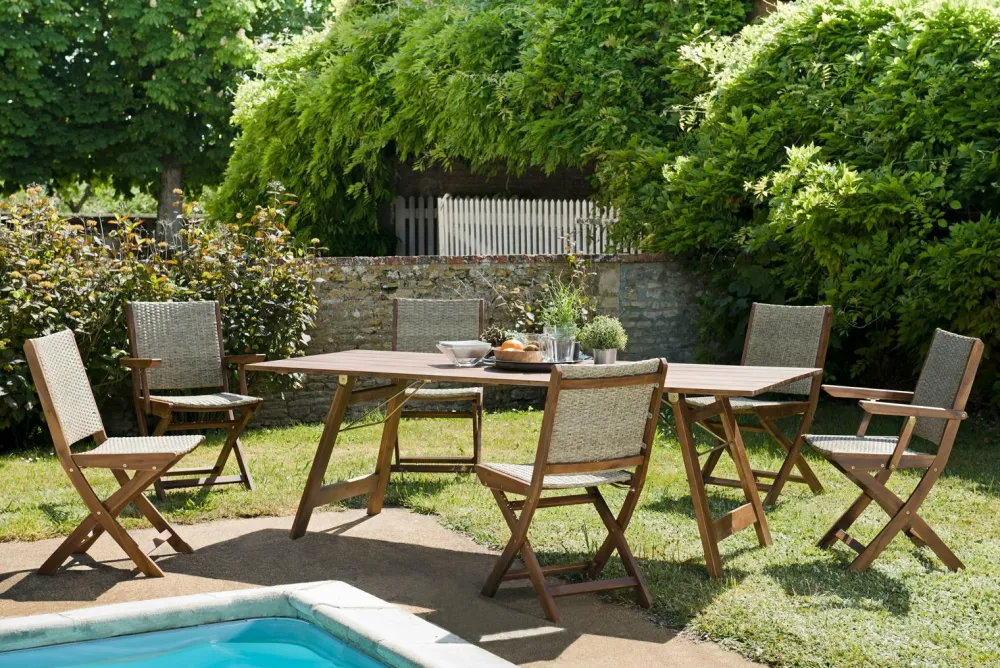 Salons De Jardin·Ensemble Repas|BAHIA Salon de jardin (1 table de jardin pliante acacia 220x90, 4 chaises de jardin, 2 fauteuils de jardin)